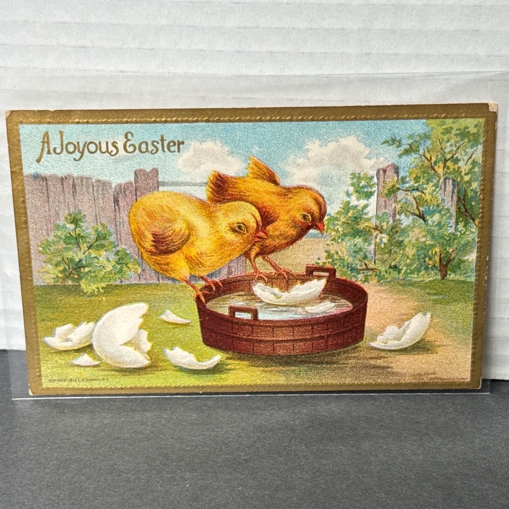 Antique 1911 Easter Postcard Joyous Easter Chicks Wash Tub Nebraska Postmark